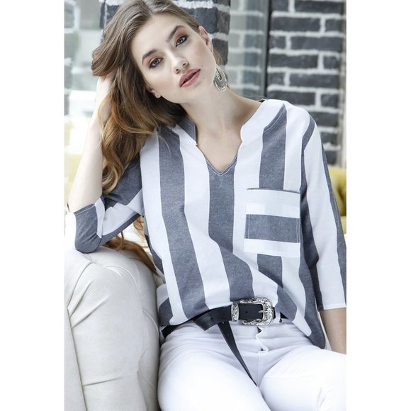 Bambina Mia Tops - Bambina Mia - Gray & White Stripe Notch Neck Top